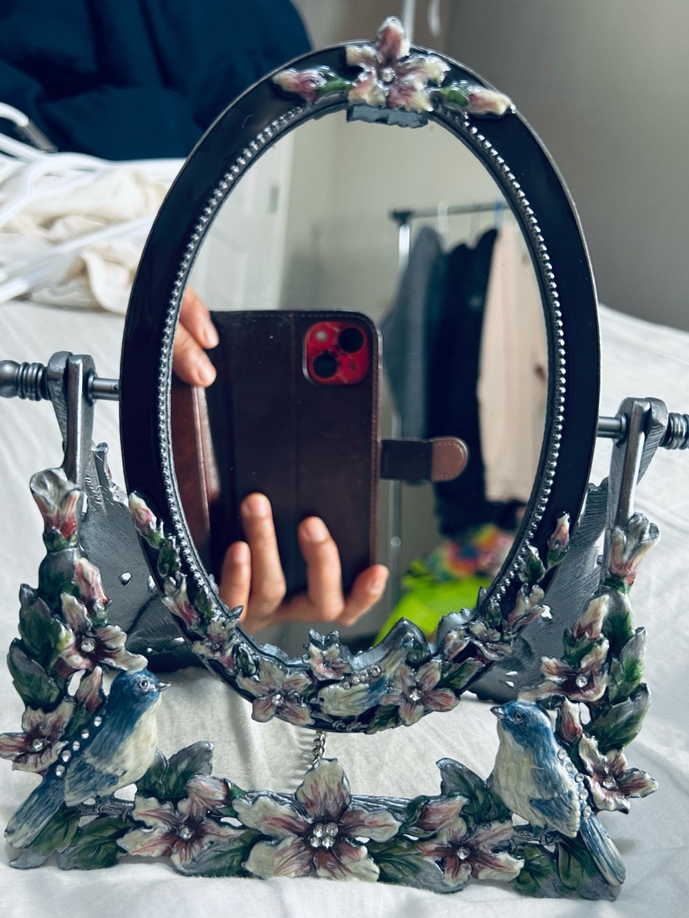 Metal Floral Bird Table Mirror — Black and Multicolour bird and diamond design